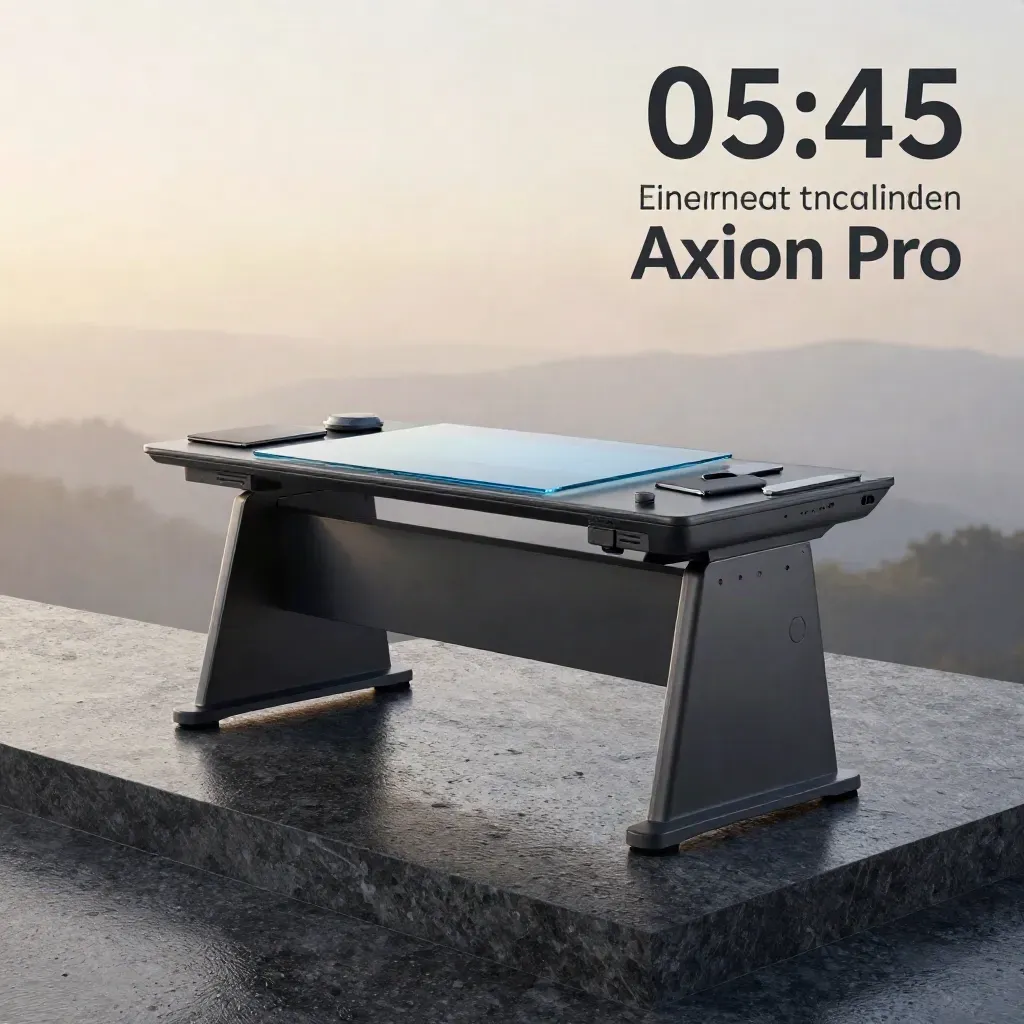 Graphite crypto trading desk with glowing blue accents on rain-damp travertine.