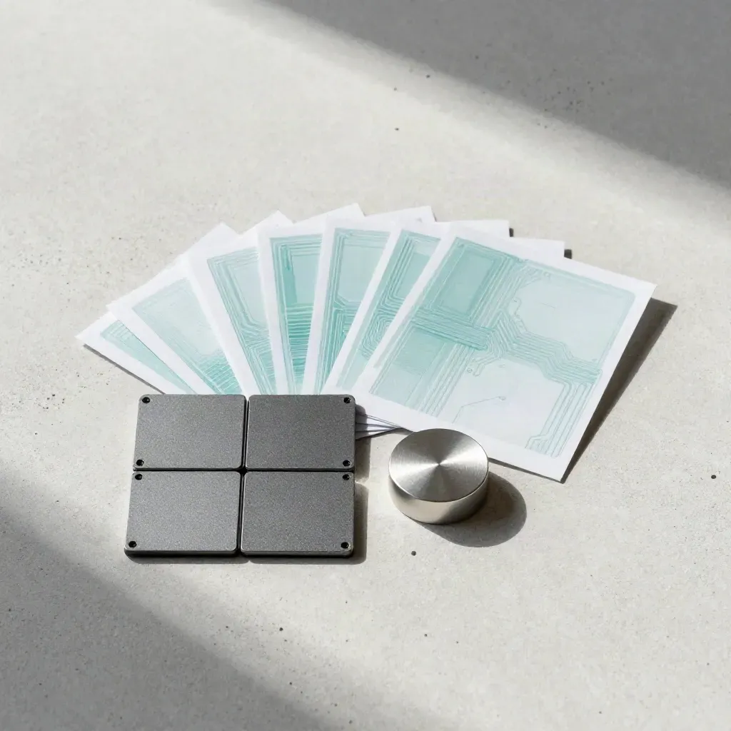 Overhead flatlay of radar kit tiles, calibration puck and trace sheet on concrete.