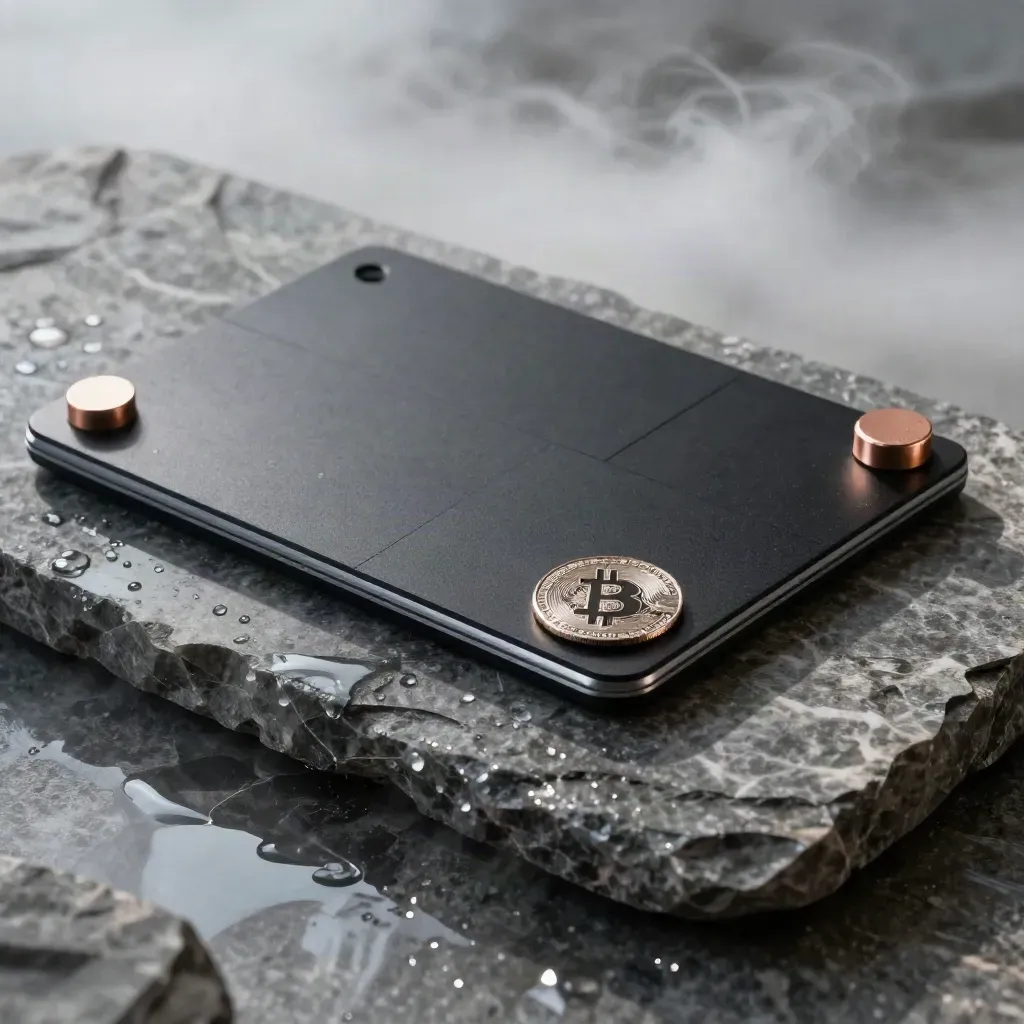 Unbranded Bitcoin signal board on wet basalt with mist and silver reflections