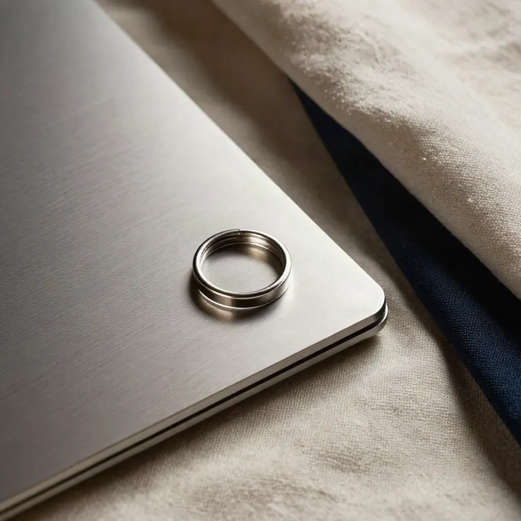 Brushed aluminum tracker slab half-embedded in linen folds, lit by soft grazing daylight.