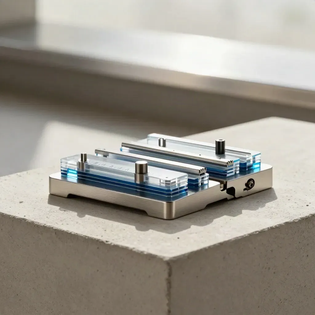 Modular chart tool pack components locking together on a concrete studio surface, softly lit.