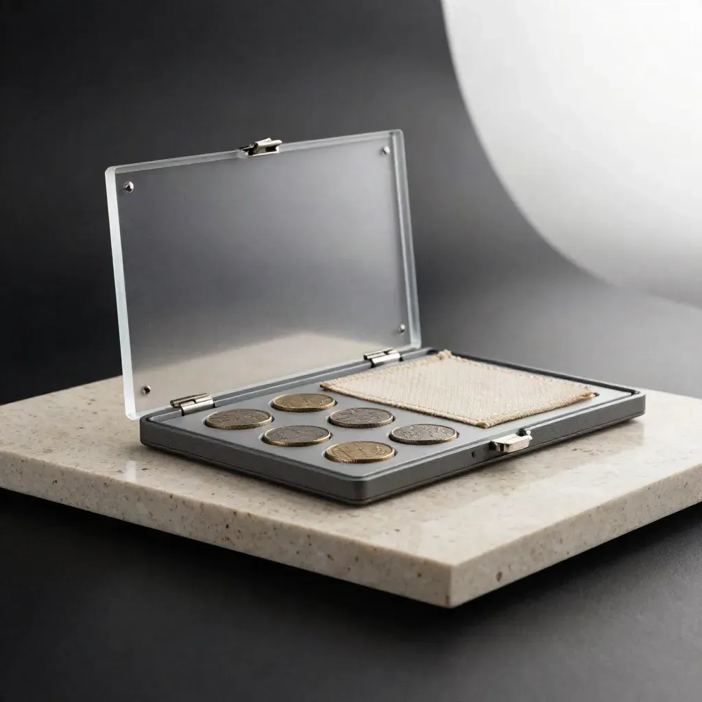 Open token research folio with coin samples and silver swatch on travertine, lit dramatically.