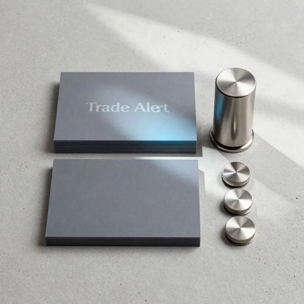 Stacked alert cards, signal beacon, and metal markers on pale concrete, overhead.