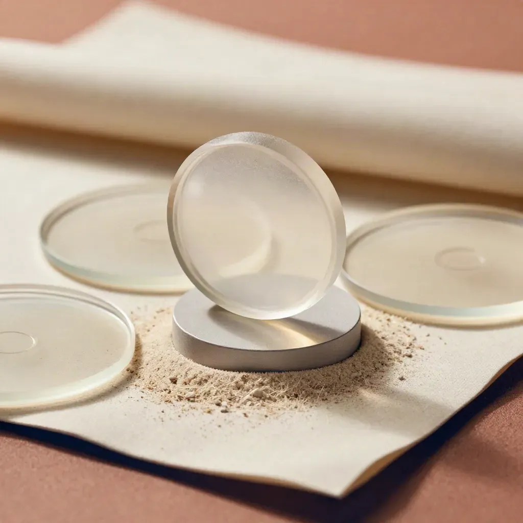 Macro of translucent watch-list discs, a token ring and a pedestal piece sinking into powdery fabric.