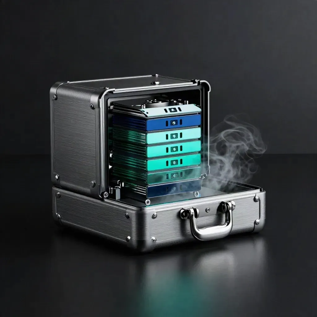 Open crypto signal pass vault case with teal-lit modules on matte black surface