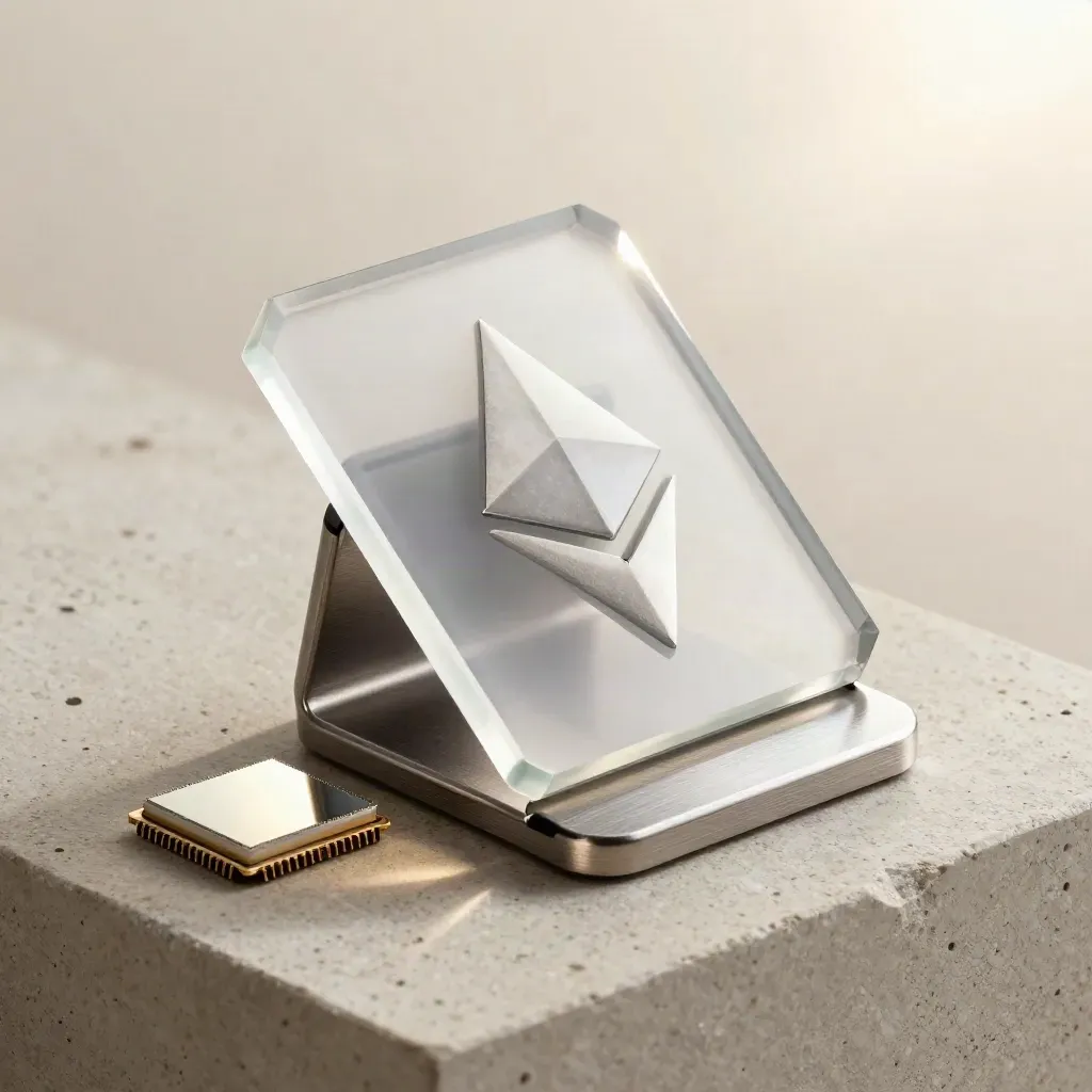 Macro of a translucent Ethereum watch tile leaning on a brushed metal stand with a crystal chip.