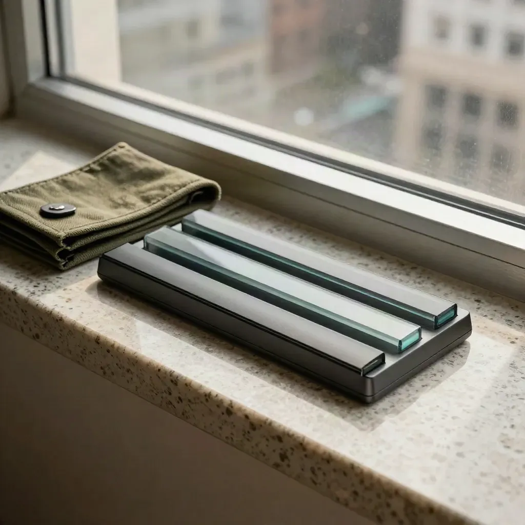 Slim trading alert console with teal bars and a folded sleeve on travertine by a bright window.