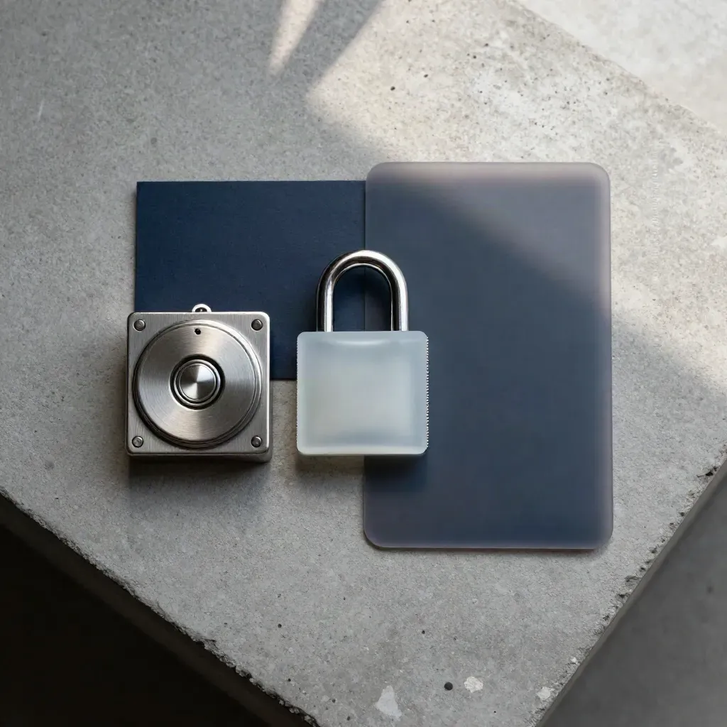 Overhead flatlay of a wallet security kit on concrete with a token puck, lock plate and sleeve.