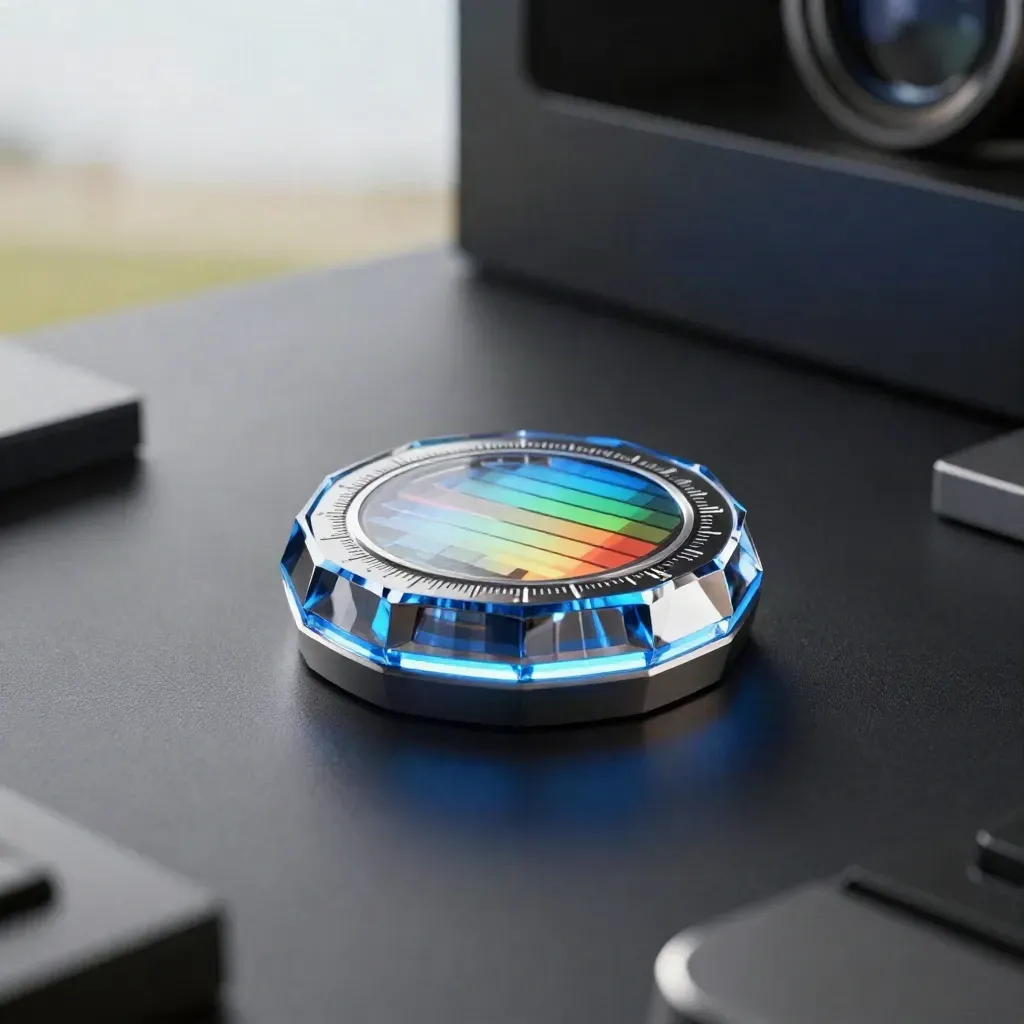 Glowing coin heat map puck with reference chips on a dark studio surface.