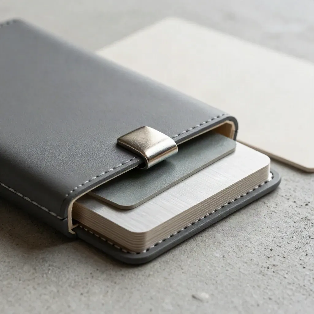 Macro of a graphite pack case with insert, samples, and metal accent on concrete.
