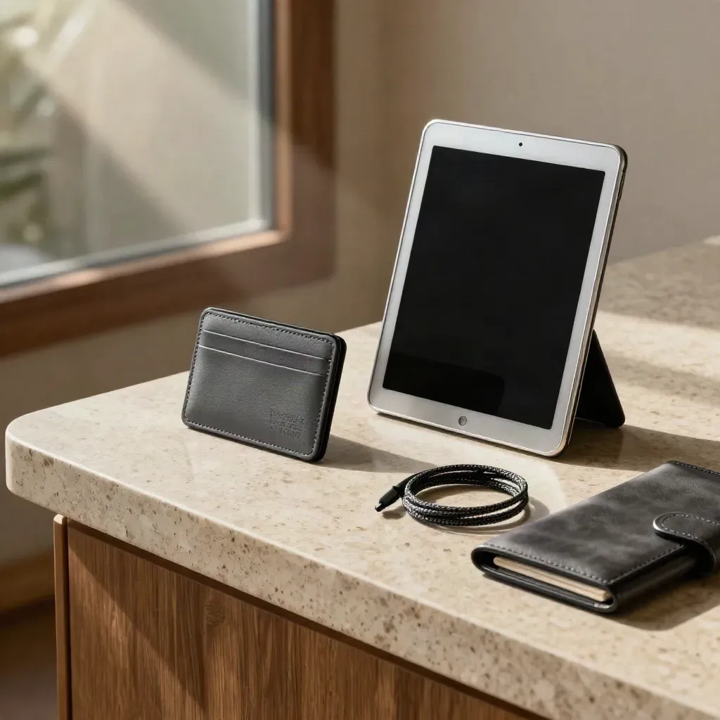 Crypto trading class bundle with card case, tablet, cable and folio on a travertine console.