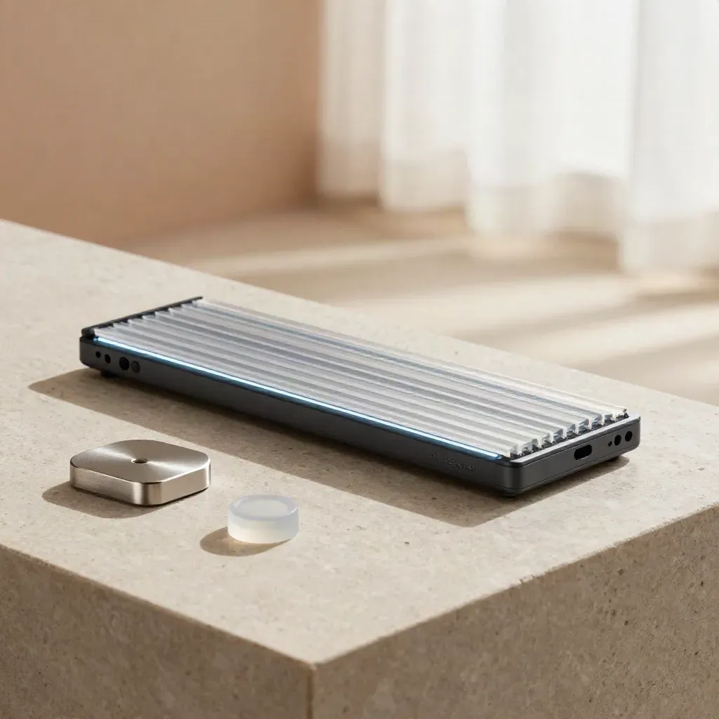 Sleek Solana signal device with two minimal crypto accessories on limestone