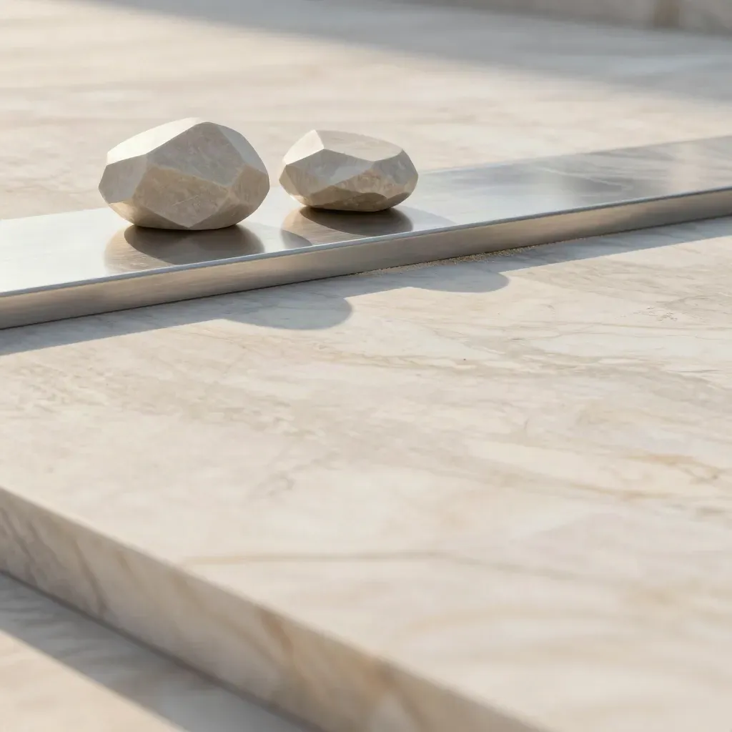 Marble terrace with signal stones and brushed metal ridge in soft daylight