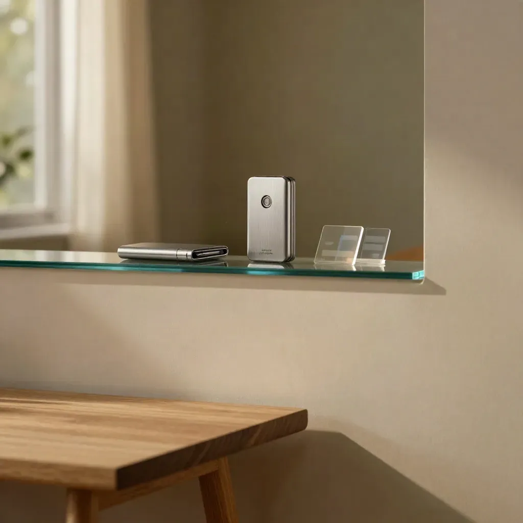 Warm crypto workspace with hardware wallet, frosted glass, and calm copy space