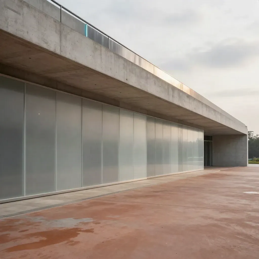Wide concrete arcade with translucent panels, steel rail, mist, and calm copy space.