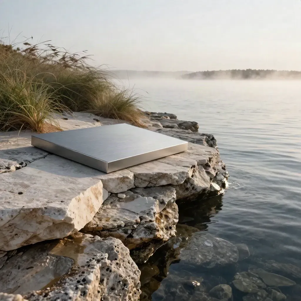 Rocky coastal ledge at dawn with mist, stone slab, metal case, and calm sea.